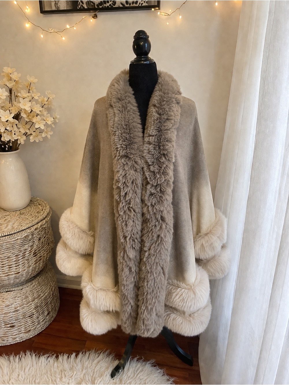 La Fiorentina Taupe and Cream Faux Fur Trim Cape